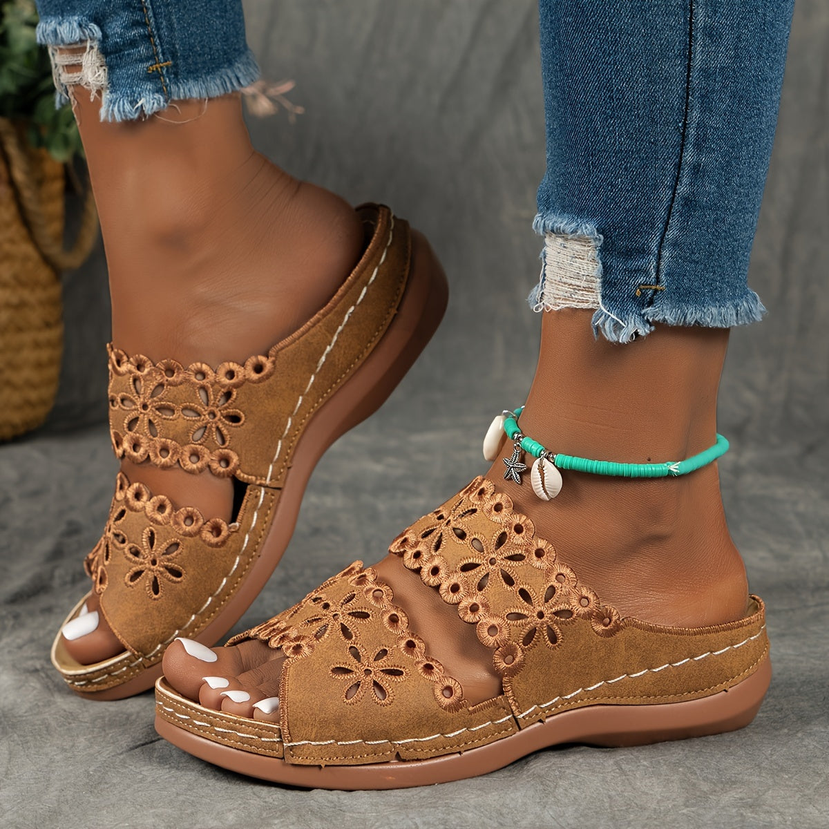 Women's Brown Synthetic Leather Slide Sandals - Open Toe, Floral Cut-Out Design, Soft TPU Sole, Comfortable Summer Footwear for Casual Wear, Stylish Outdoor Wear | Floral Cutout Sandals | Comfortable TPU Sole, Strappy Sandals